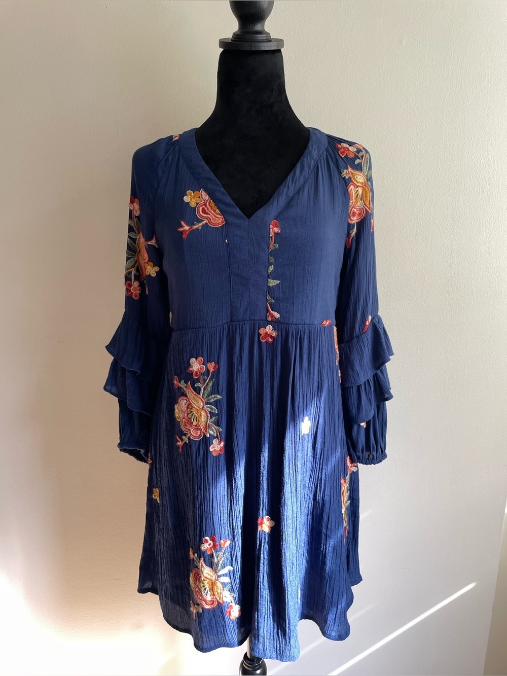 Fig & Flower Navy Embroidered Boho Dress Ruffle Sleeve Petite Small